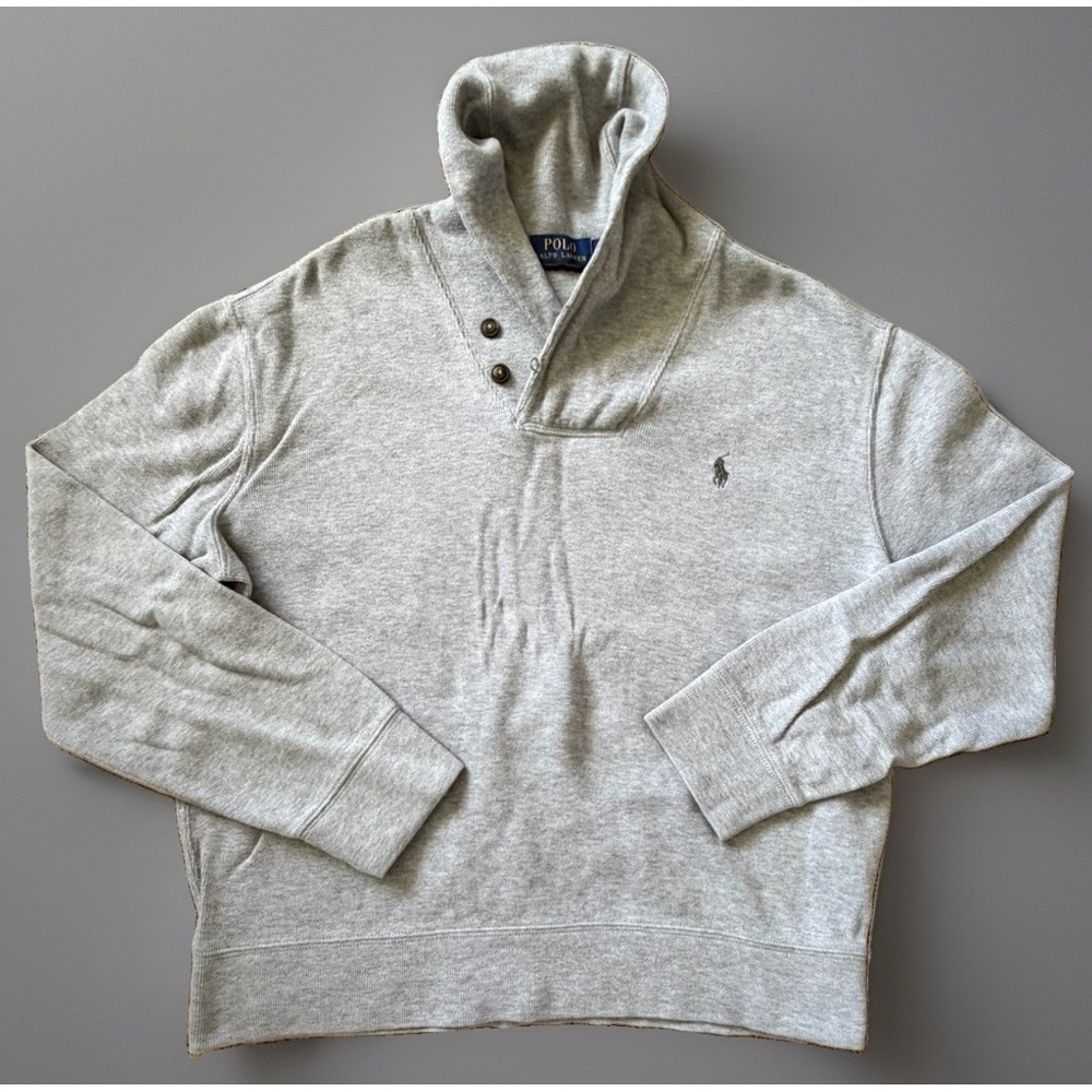 Polo Ralph Lauren V Neck Shawl Collar Pullover Shirt Gray Pony Logo Large JBHS
